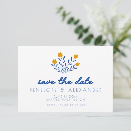 Scandi Folk Flowers in Blue and Yellow Wedding Save The Date (Staand voorkant)