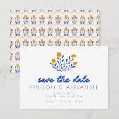 Scandi Folk Flowers in Blue and Yellow Wedding Save The Date (Voorkant / Achterkant)