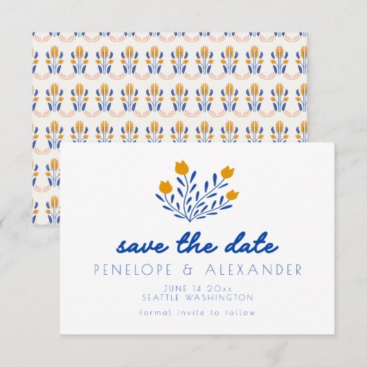 Scandi Folk Flowers in Blue and Yellow Wedding Save The Date (Voorkant / Achterkant)