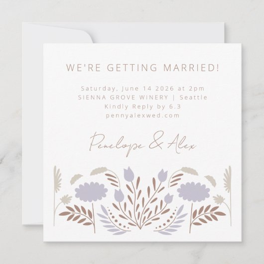 Scandi Folk Flowers op Lila Casual bruiloft Kaart (Voorkant)