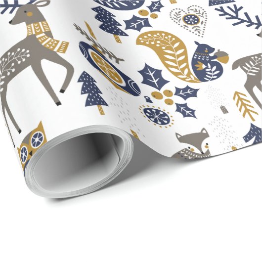 Scandi Kerst Schattigee bosdieren wit Cadeaupapier (Rol Hoek)