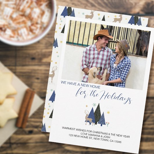 Scandi Kerstboom Landschap Foto Nieuw adres Feestdagenkaart