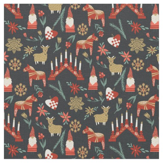 Scandi Kerstgod jul folk zwart Stof (Close Up)
