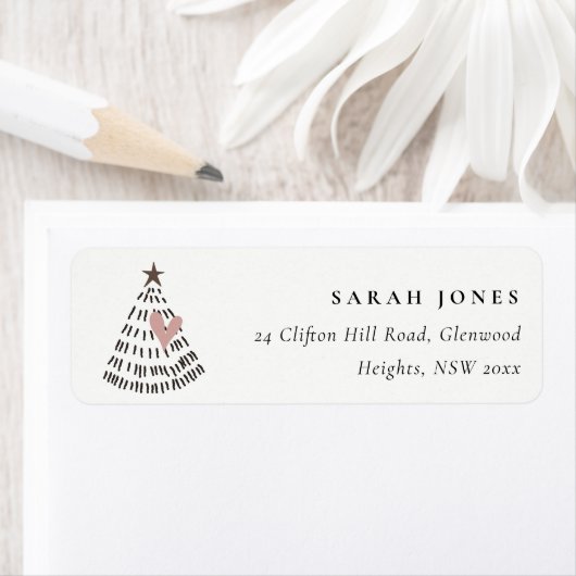 Scandi Minimal Blush Heart Christmas Tree Address Etiket (Insitu)