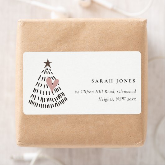 Scandi Minimal Blush Heart Christmas Tree Address Etiket (Insitu)
