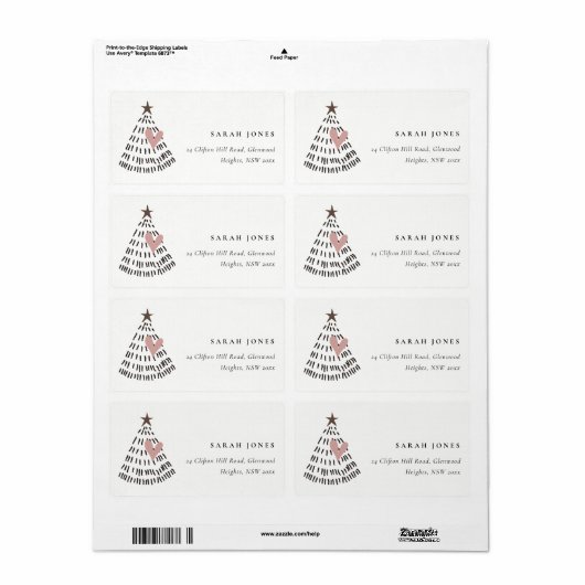 Scandi Minimal Blush Heart Christmas Tree Address Etiket (Full Sheet)