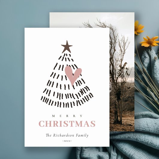 Scandi Minimal Blush Heart Christmas Tree Photo Feestdagenkaart