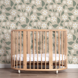 Scandi Modern Daisy Bloemige Zachte Beige & Groen Behang