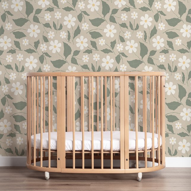 Scandi Modern Daisy Bloemige Zachte Beige & Groen Behang (Scandi neutral nursery daisy floral wallpaper by Erica MacDonald. )