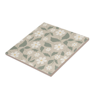 Scandi Modern Daisy Bloemige Zachte Beige & Groen Tegeltje