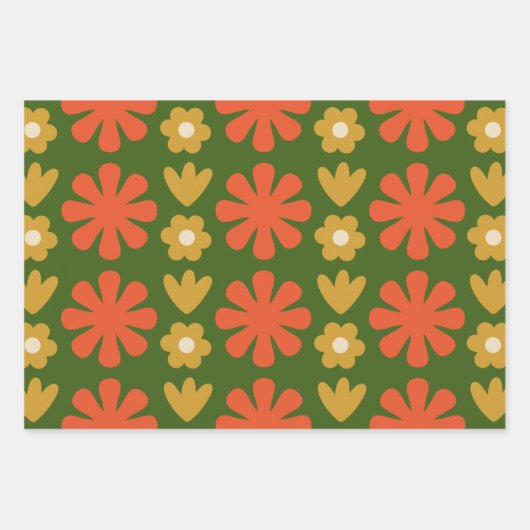 Scandi Retro Floral Folk Art Pattern Oranje Green Inpakpapier Vel (Voorkant)