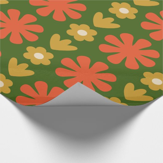 Scandi Retro Floral Pattern Green Sinaasappel Ochr Cadeaupapier (Hoek)