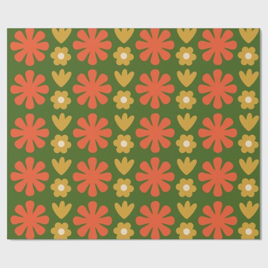 Scandi Retro Floral Pattern Green Sinaasappel Ochr Cadeaupapier (Vlak)