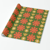 Scandi Retro Floral Pattern Green Sinaasappel Ochr Cadeaupapier (Uitgerold)