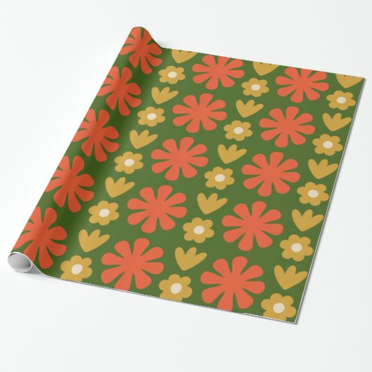 Scandi Retro Floral Pattern Green Sinaasappel Ochr Cadeaupapier (Uitgerold)
