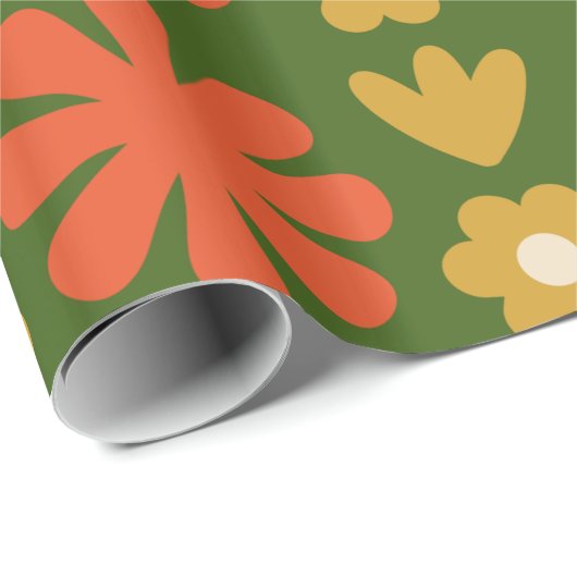 Scandi Retro Floral Pattern Green Sinaasappel Ochr Cadeaupapier (Rol Hoek)