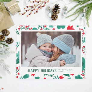 Scandi Style Mod Red & Green Family Foto Feestdagenkaart