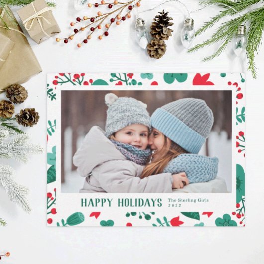 Scandi Style Mod Red & Green Family Foto Feestdagenkaart