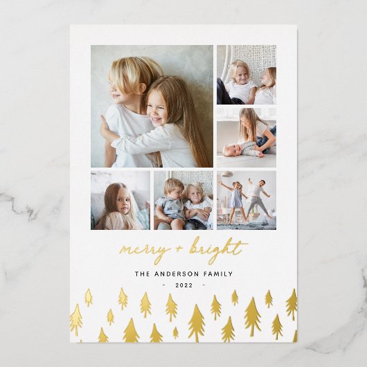 Scandi Trees | Moderne minimalistische fotocollage Folie Feestdagenkaart (Voorkant)
