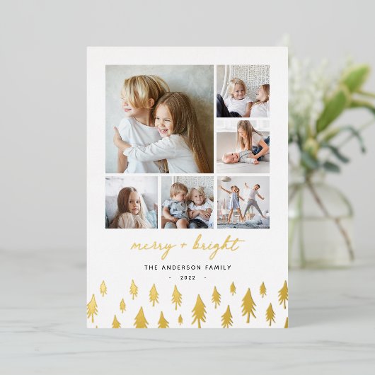 Scandi Trees | Moderne minimalistische fotocollage Folie Feestdagenkaart (Staand Voorkant)