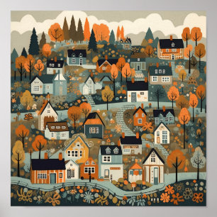 Scandi Village bij Herfst Time Art Poster
