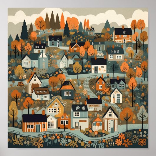 Scandi Village bij Herfst Time Art Poster (Voorkant)