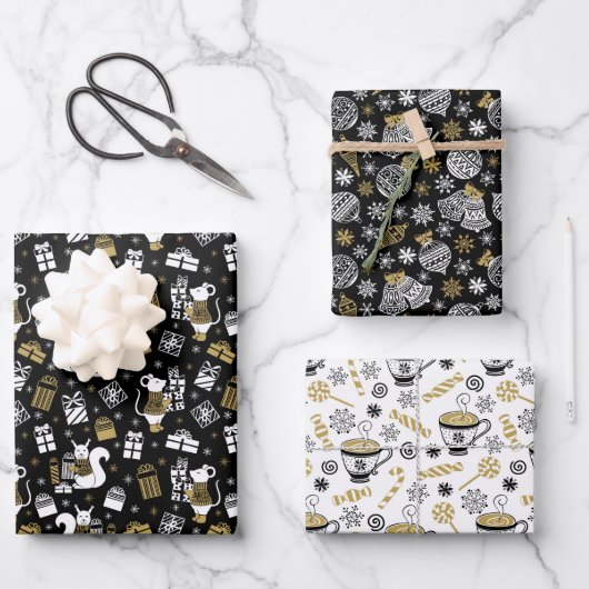 Scandi Winter Kerstmis Gold en Black Woodland Inpakpapier Vel (Voorkant)