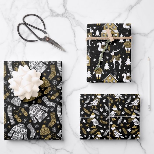 Scandi Winter Kerstmis Gold en Black Woodland Inpakpapier Vel (Voorkant)