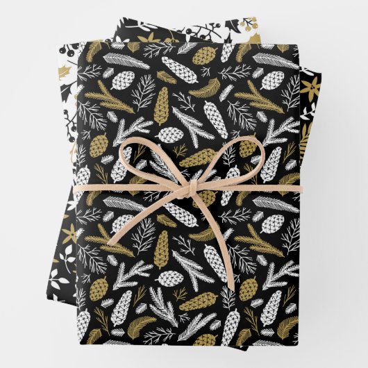 Scandi Winter Kerstmis Gold en Black Woodland Inpakpapier Vel (In situ)