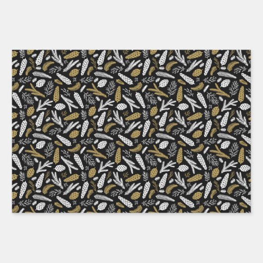 Scandi Winter Kerstmis Gold en Black Woodland Inpakpapier Vel (Voorkant)