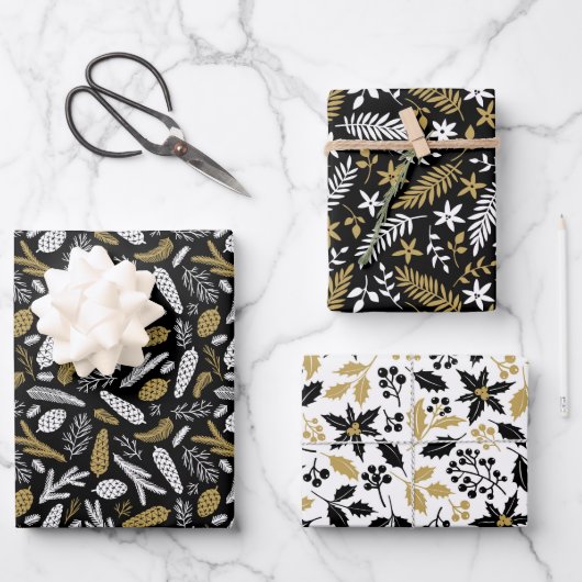Scandi Winter Kerstmis Gold en Black Woodland Inpakpapier Vel (Voorkant)