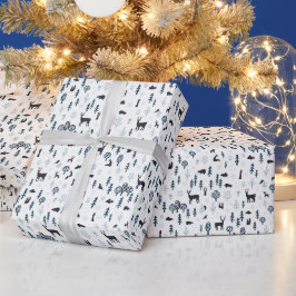 Scandi Winterbos met dieren in blauw op wit Cadeaupapier
