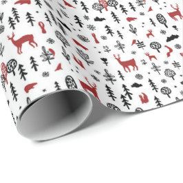 Scandi Winterbos met dieren in wit rood Cadeaupapier