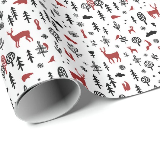 Scandi Winterbos met dieren in wit rood Cadeaupapier (Rol Hoek)