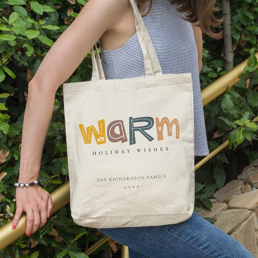 Scandi Yellow Grey Text Warm Wasting Kerstmis Tote Bag