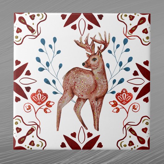 Scandinadic Brown Deer Waterverf Folk Art Tegeltje