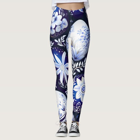 Scandinavian Blue Easter Egg Spring Floral Leggings (Voorkant)