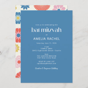 Scandinavian Boho Folk Flower Blue Bat Mitzvah Kaart