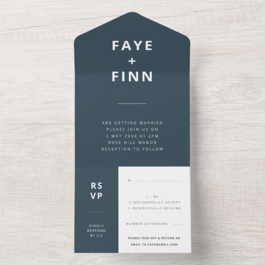 Scandinavian Dusky Blue | Minimalistisch huwelijk  All In One Uitnodiging (Binnen)