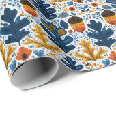  Scandinavian Fall Pattern in Navy Leaves & Orange Cadeaupapier (Rol Hoek)