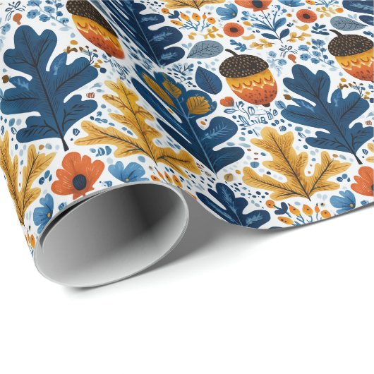  Scandinavian Fall Pattern in Navy Leaves & Orange Cadeaupapier (Rol Hoek)