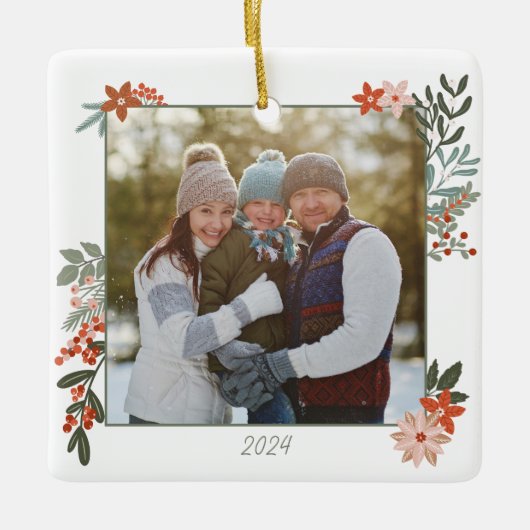 Scandinavian Floral Holiday Photo Keramisch Ornament (Voorkant)