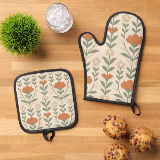 Scandinavian Floral Oven Mitt & Pot Holder Set (Top down)