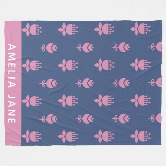 Scandinavian Floral Pattern Blue Pink Monogrammed Fleece Deken (Voorkant (Horizontaal))