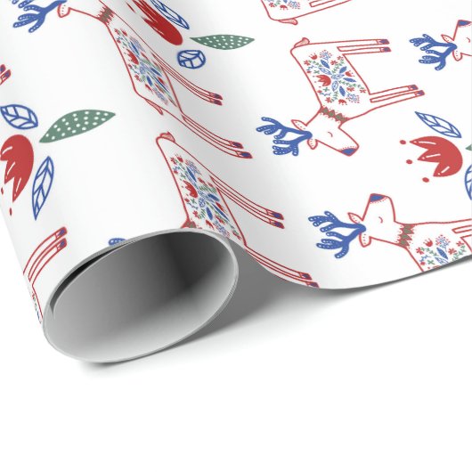 Scandinavian Floral Reindeer Pattern Kerstmis Cadeaupapier (Rol Hoek)