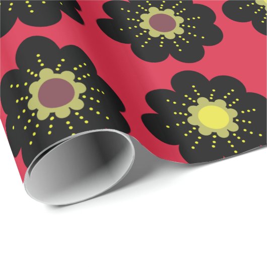 Scandinavian Flowers Black Red Cadeaupapier (Rol Hoek)