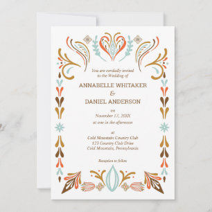 Scandinavian Folk Art Autumn Colors Wedding Invita Kaart