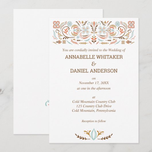 Scandinavian Folk Art Autumn Colors Wedding Kaart (Voorkant / Achterkant)