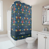 Scandinavian Folk Art Blue Floral Pattern Douchegordijn (In situ)