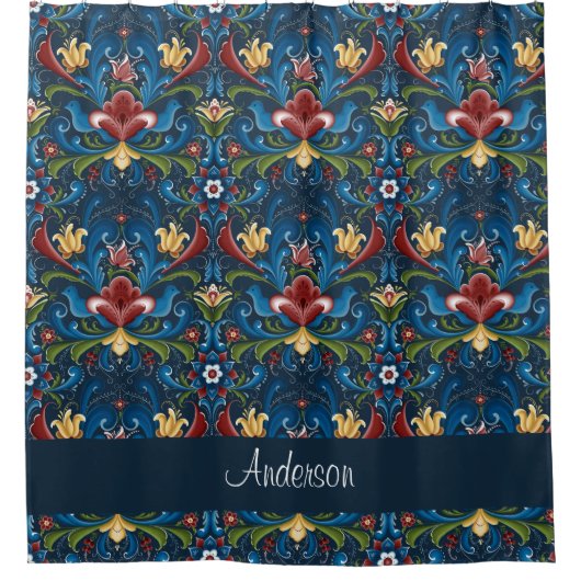Scandinavian Folk Art Blue Floral Pattern Douchegordijn (Voorkant)